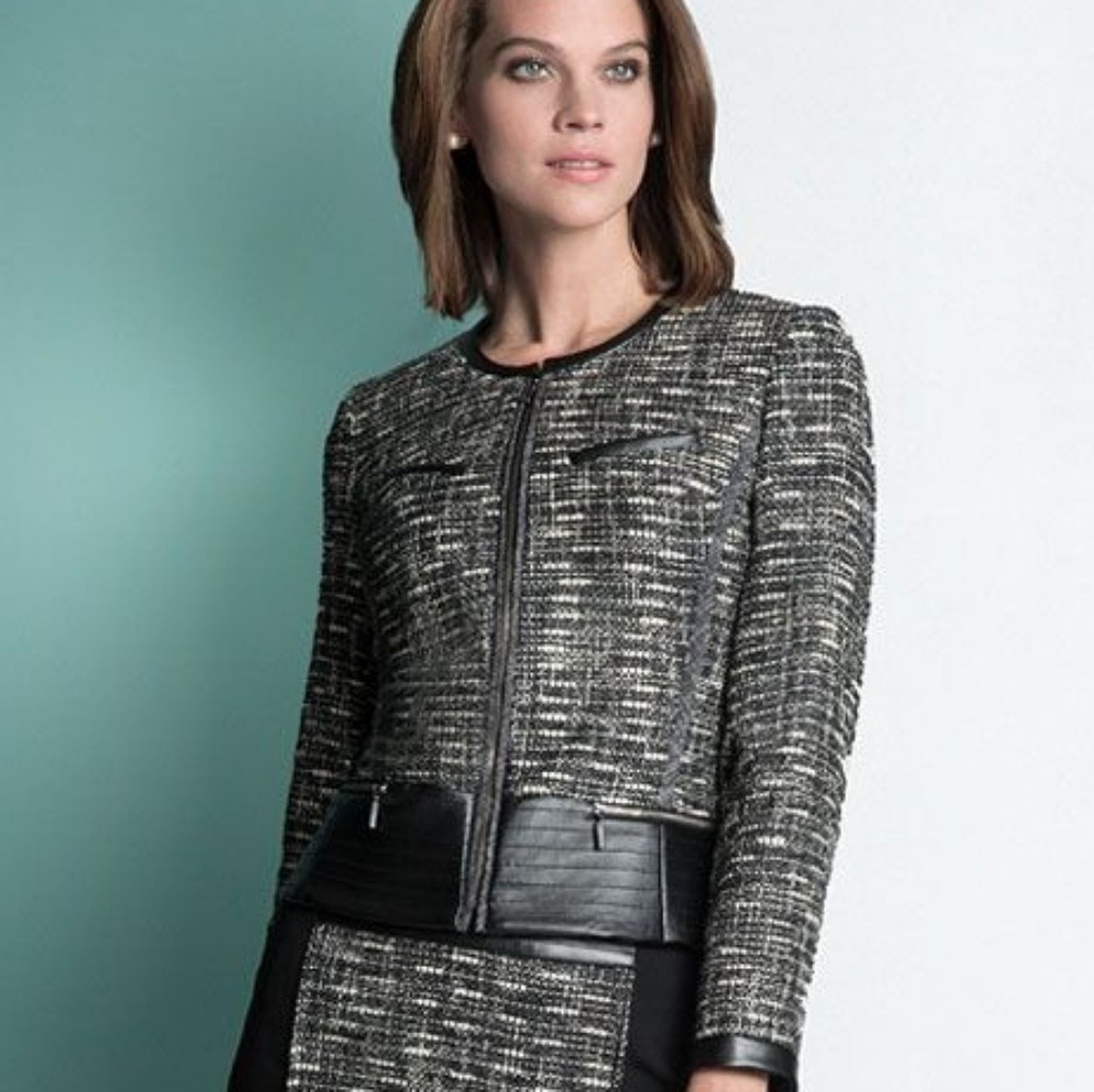 Etcetera Tweed Blazer Leather Trim Luxury Brand